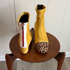 Yellow Ankle Boots with Leopard Toe